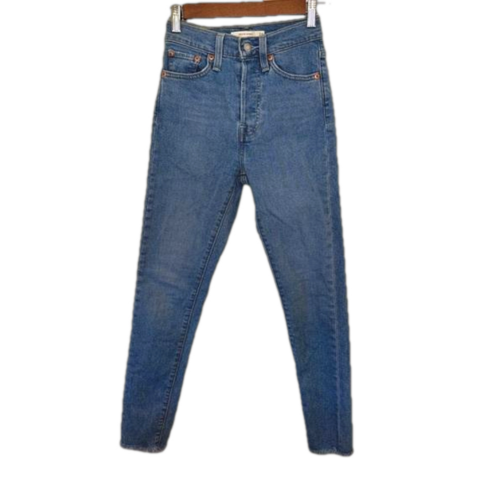 Levi's Wedgie Skinny 24 Denim Medium‎ Wash High Waisted Jeans Raw Hem Button Fly